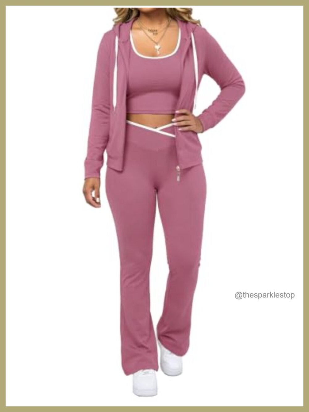 Women's 3 Piece Set Zippered Hooded Jacket Crop Top High Waisted Flare Pants